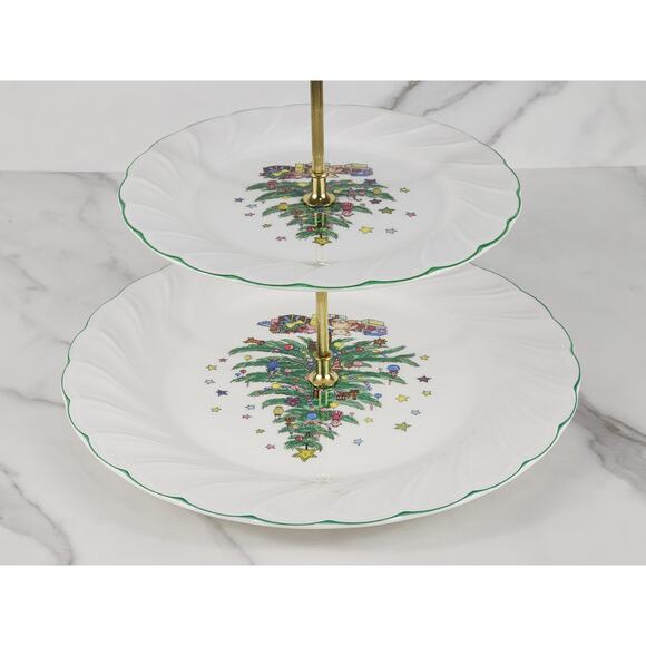 Nikko Happy Holidays Two Tier Serving Tray Christmas Green Trim Japan w/ Box - Picture 13 of 16